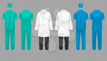 Medical doctor uniform, hospital nurse coat and surgeon suit, laboratory shirt vector set isolated. Medical professional protection clothing illustration