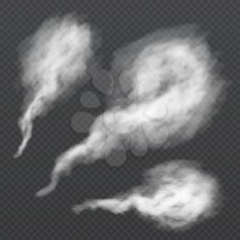 White smoke puff, vapour trail. Vector steam flow isolated on transparent background. Illustration of steam smoke and mist, cloud of cigarette