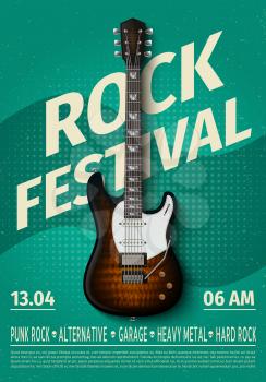 Vintage rock festival flyer with electric guitar. Retro music concert affiche, poster with typography. Vector template banner with rock guitar illustration