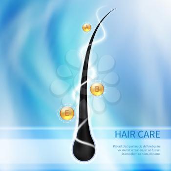 Hair care, ends splitting prevention concept. Nourishing shampoo for health hairs vector background. Hair ends vitamins protect illustration