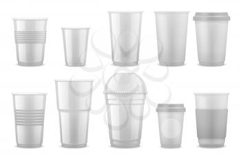 Empty clear white plastic disposable cups, takeaway containers for cold beverage, soda, tea and coffee vector template isolated. Illustration of cup and mug takeaway, clear container