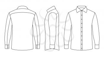 White blank business mans shirt with long sleeves and buttons in front, side, back views. Male wear clothing, vector illustration