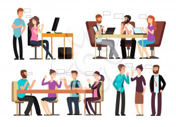 Businessman and woman have conversation in different business situations in office. People meeting vector characters set. Business man character dialog illustration