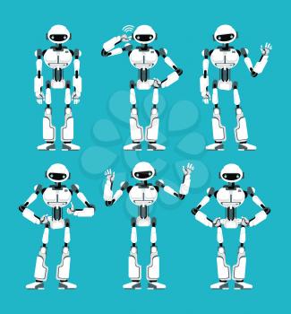 Spaceman robot android in different poses. Cute cartoon futuristic humanoid character set. Cyborg robotic machine, toy futuristic mechanical. Vector illustration