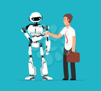 Businessman shaking robots hand. Artificial intelligence, human vs robot vector futuristic background. Illustration of robotic future cyborg and man