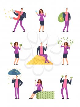 Rich luxury people spending money. Happy wealthy man, millionaire vector cartoon characters set isolated. Finance cash, gold coins financial illustration