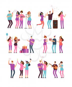 People groups at family birthday party with firecracker, cake and balloons. Vector cartoon minimal characters isolated. Illustration of happiness man and woman holiday