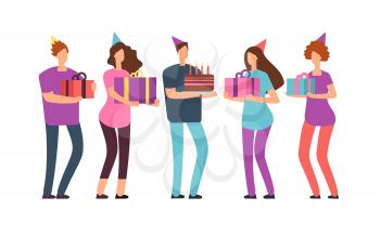 Smiling friends with gifts and cake. Happy birthday vector concept with cartoon people. Celebration party, woman and man friendship illustration