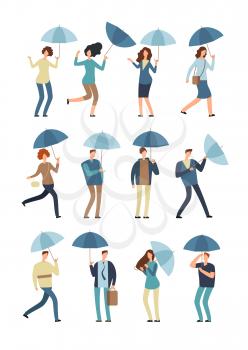 Cartoon people with umbrella in rainy day. Man and woman in raincoat under rain vector flat characters isolated. Female and male in rainy weather illustration
