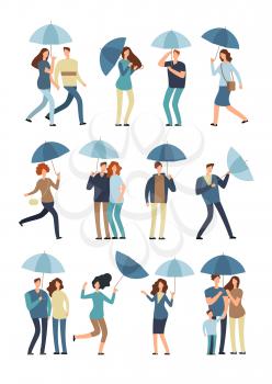 People holding umbrella, walking outdoor in rainy spring or fall day. Man, woman in raincoat under rain vector flat characters isolated. Weather rain, man with umbrella illustration