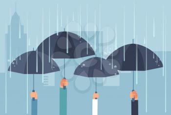 Hands holding umbrellas while thunderstorm. Vector safe cartoon business concept. Rain weather, umbrella protection and safety illustration