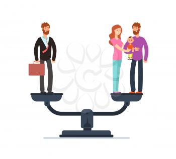 Businessman and happy family with kids on scales. Work and life balance business vector concept. Family and career business, life compare illustration