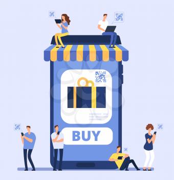 People using smartphone for mobile shopping. Men women buy goods in internet store with cell phone and banking app. Vector concept online shop, e-commerce purchasing retail illustration