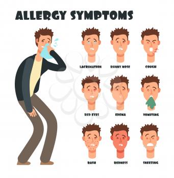 Allergy symptoms with sneezing cartoon man. Medical vector illustration. Disease character, symptom allergic, red eyes and itching