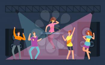 Young people crowd dencing on dance floor. Cartoon girls and boys in nightclub. Nightlife on disco party vector concept. Disco music night club, performance and entertainment, DJ and activity