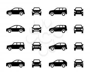 Cars front and side view signs. Vehicle black silhouette vector icons isolated on white background. Automobile vehicle for transportation, transport automotive illustration