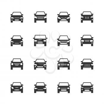 Cars front view signs. Vehicle black silhouette vector icons isolated on white background. Automobile icon, auto vehicle symbol illustration