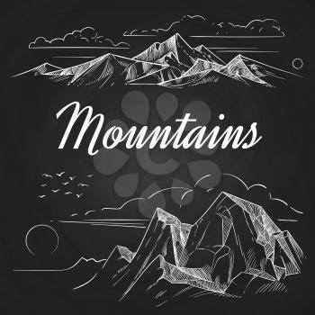 Hand sketched mountains landscapes nature isolated on blackboard. Vector illustration