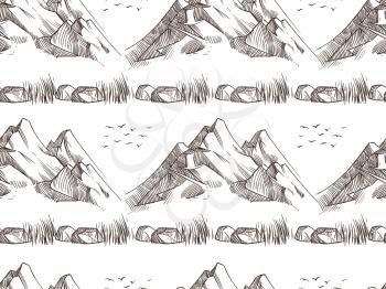 Mountain landscape seamless pattern background design, black white. Vector illustration