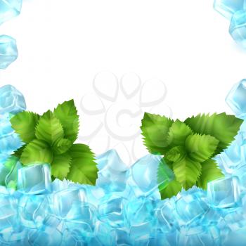 Realistic ice cubes and mint isolated on white background. Vector food and drink ads template illustration