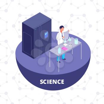 Science 3d isometric research lab with laboratory equipment and scientist vector illustration. Chemistry laboratory 3D icon isolated