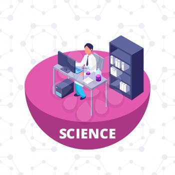 Science 3d isometric research lab with laboratory equipment and scientist vector illustration