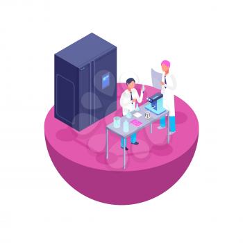 Two scientists make a laboratory experiment. Chemistry laboratory 3d isometric with laboratory equipment vector illustration