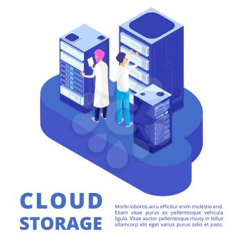Two server administration and cloud storage isolated on white background. IT 3D vector illustration