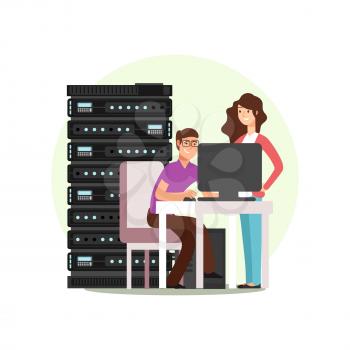 Woman and man cartoon character. IT or computer engineers working together with data base, server. Vector illustration