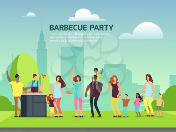 Barbeque party banner design. Cartoon character international families in park vector illustration