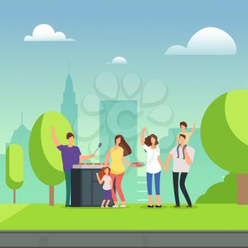 Cartoon character families resting on bbq picnic in green park. Vector illustration