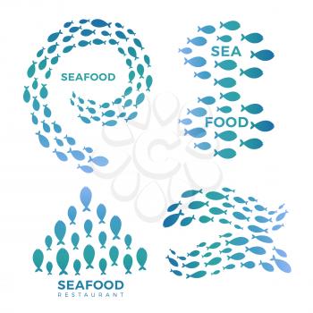 Sea food restaurant, cafe, bar emblems and badge set isolated on white background. Vector illustration
