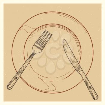 Vintage poster with knife, fork, plate - pause in food vector background illustration