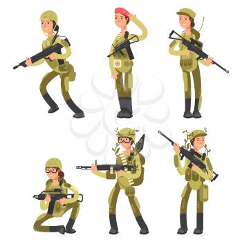 Cartoon characters female soldiers in various actions vector set isolated on white illustration
