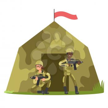Cartoon character soldier with gun and military tent isolated on white vector illustration