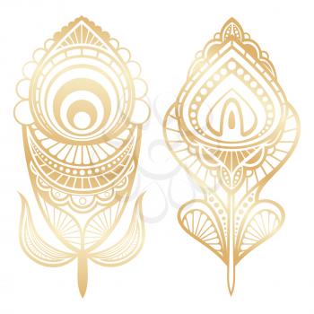 Golden feathers indian style isolated on white background. Vector illustration