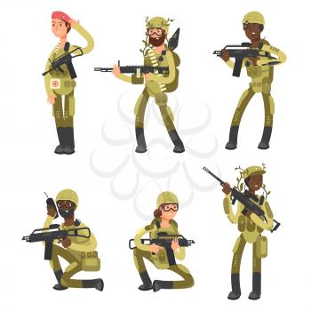 International army soldiers. Military man and woman cartoon characters isolated on white background. Vector illustration