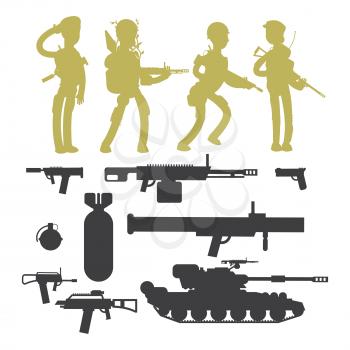 Silhouettes of military soldiers, ammunition, guns and weapons isolated on whiye background vector collection illustration