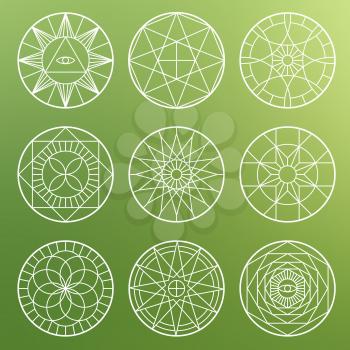 White esoteric geometric pentagrams. Spiritual sacred mystical vector symbols on blured background illustration