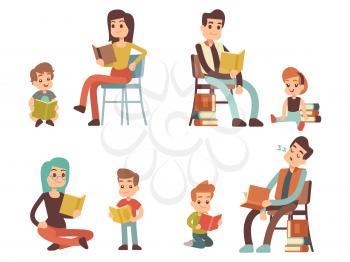 Cartoon character adults and kids reading books isolated on white background. Vector illustration