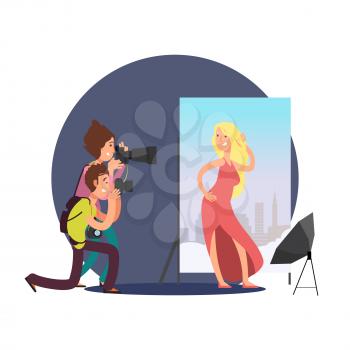 Fashion photo set with cartoon character sexy lady and photographers. Vector illustration