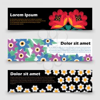 Floral horizontal banners template with bright poppy, camomile, leaves. Vector illustration