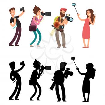 Funny professional photographer with camera taking photo in different poses. Set of photograph silhouettes. Vector illustration