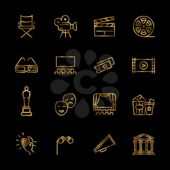 Golden entertainment and performance line vector icons. Shiny theater and cinema outline symbols illustration