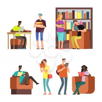International students reading books and magazines in library or bookstore. Vector illustration