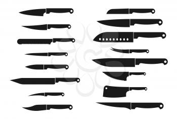 Meat cutting knives set. Kitchen metal knife isolated vector silhouettes. Knife chef, metal cut tool for cooking illustration
