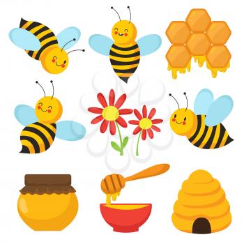 Cartoon bee. Cute bees, flowers and honey. Isolated vector characters set. Illustration of bee insect and sweet honey