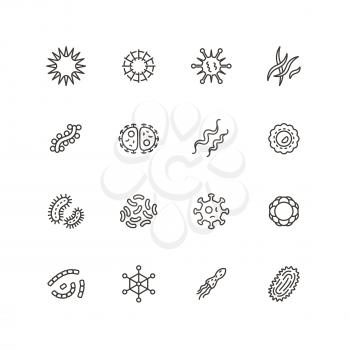 Illness bacilli, microbes, viruses and microorganisms line icons. Bacteriology hygiene and infection outline vector isolated symbols. Illustration of microbe and virus, microorganism bacteria