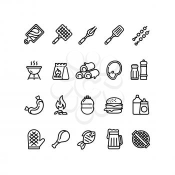 Hot barbecue and grill line icons. Bbq outdoor kitchen vector isolated symbols. Food sausage and burger, barbeque picnic icon linear illustration