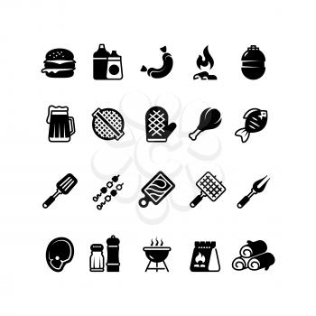 Grill outdoor kitchen icons. Family bbq, summer picnic symbols. Meat and vegetable bbq isolated pictograms. Grill bbq and barbecue meat steak, vector illustration